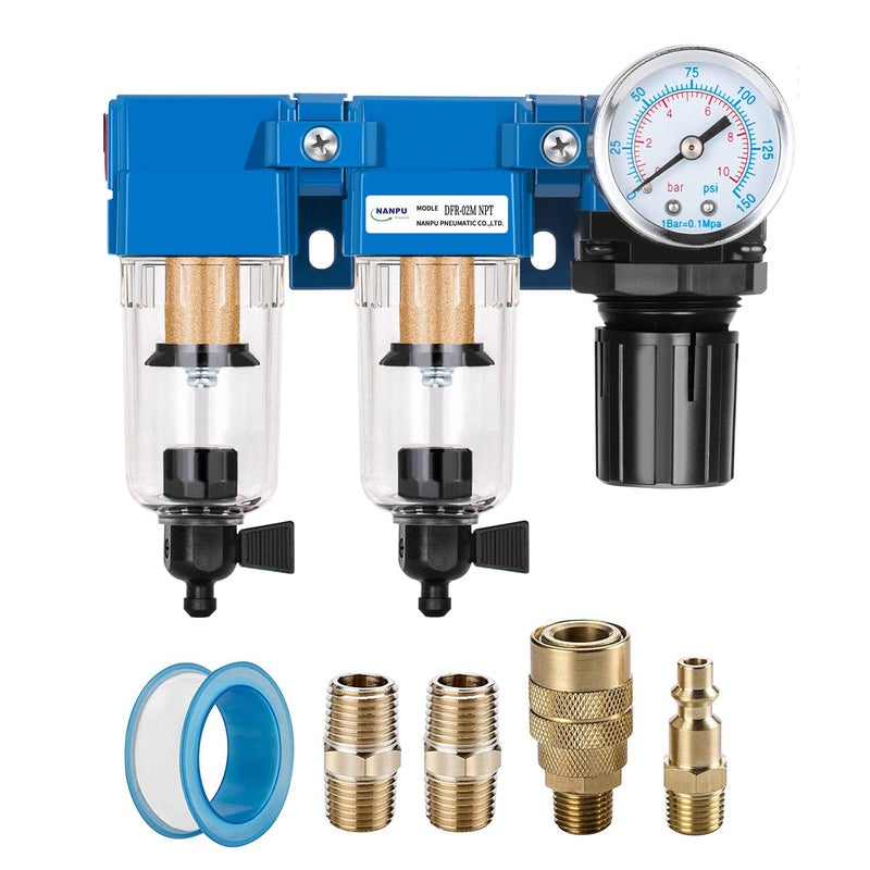 NANPU 1/4" NPT Air Drying System - Double Air Filters, Air Pressure Regulator Combo - Manual Drain, Poly Bowl - DFR-02M - Image 1